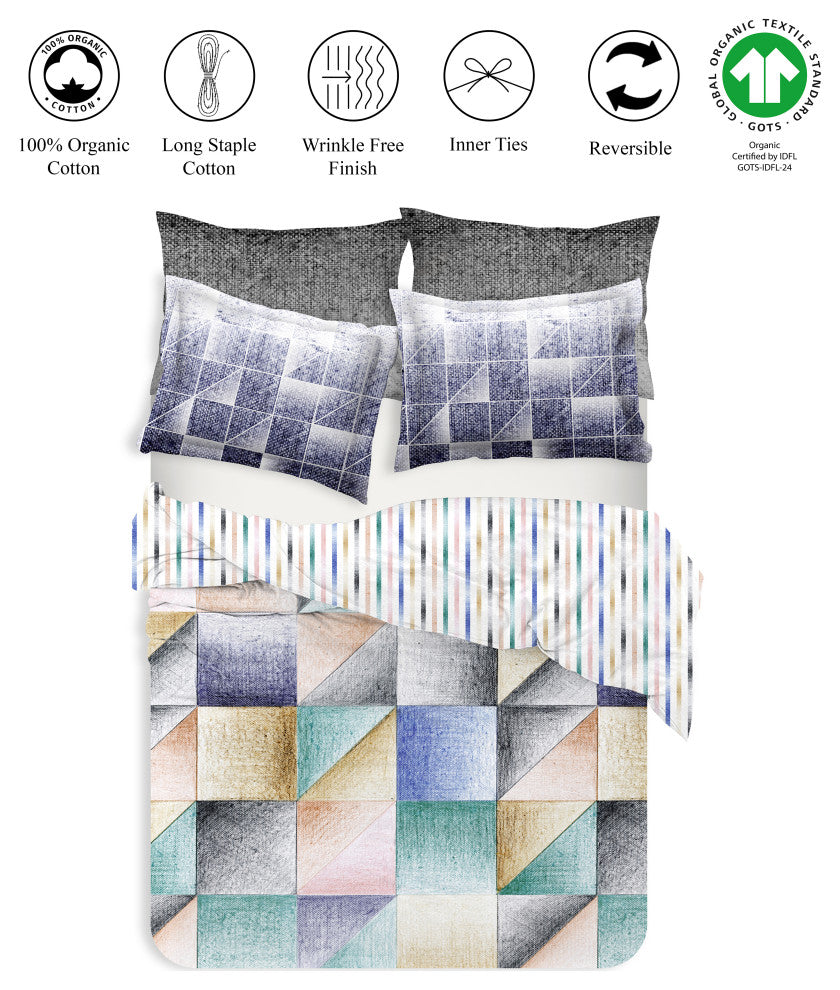 Delara GOTS Organic Cotton Geometric Reversible Print Duvet Cover Set, Queen(88"