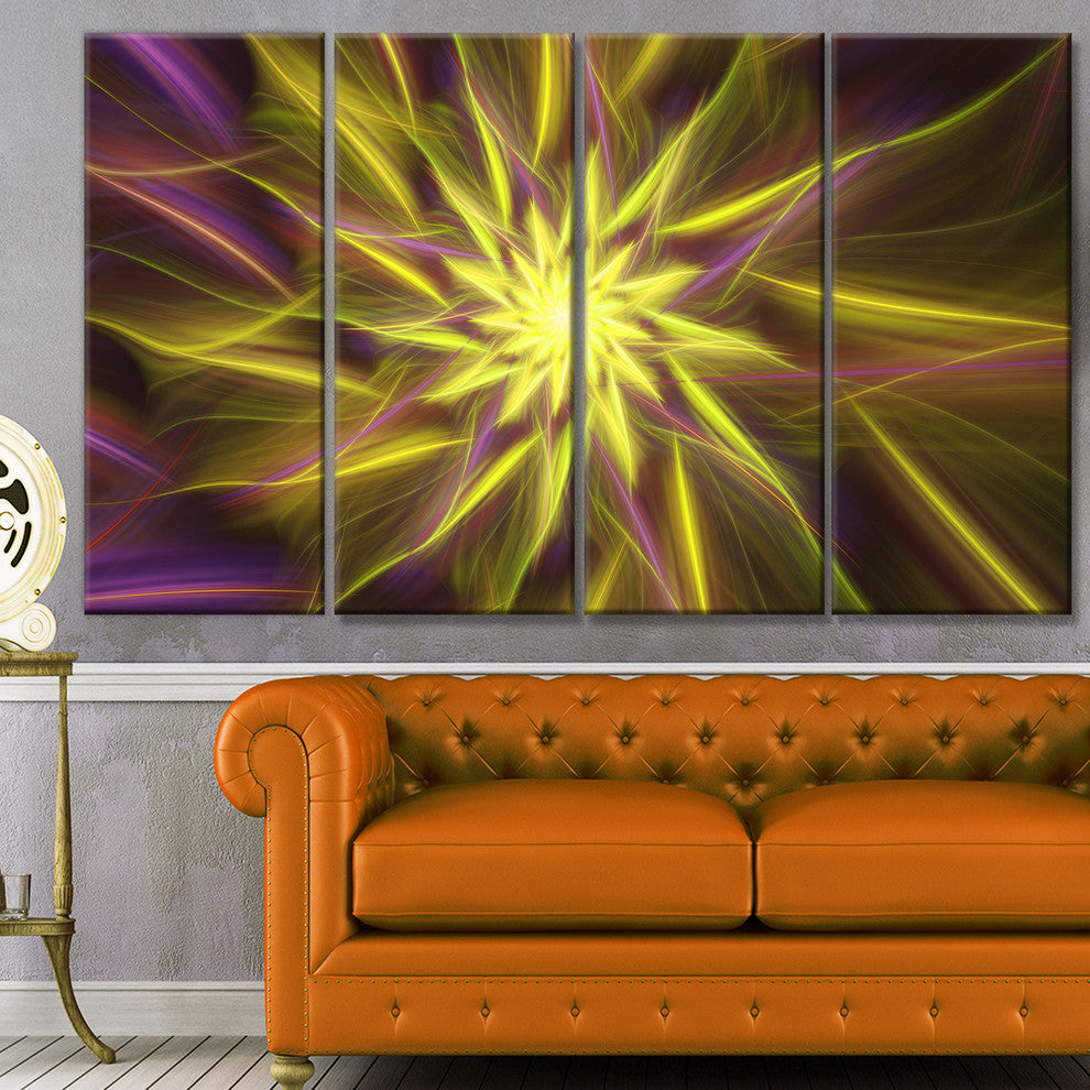 Shining Golden Exotic Fractal Flower, Floral Canvas Art Print, 48"x28", 4 Panels