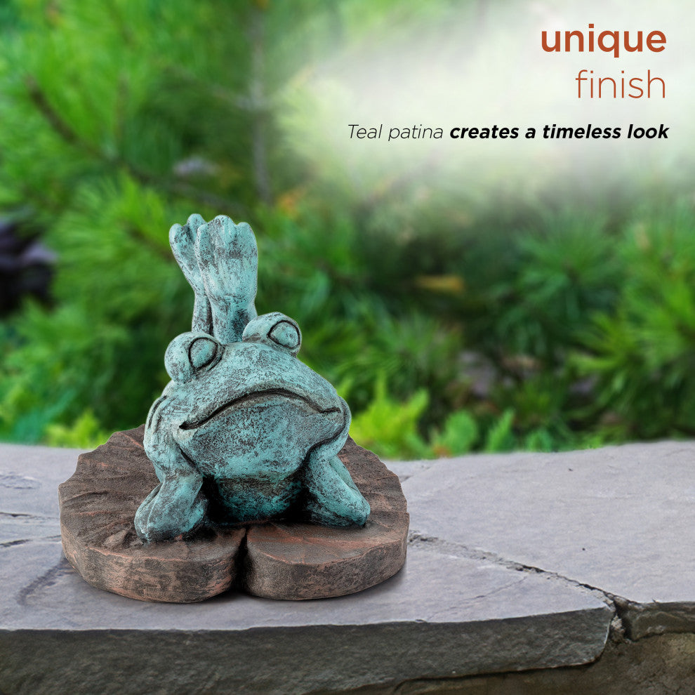 Alpine Frog Laying Down on a Leaf Statue, 8"Tall