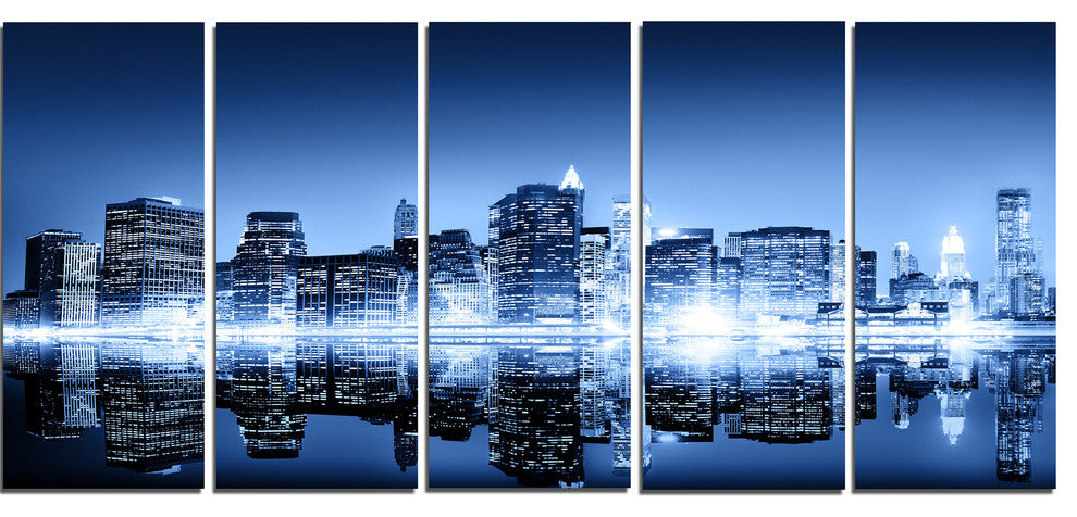 "Night New York City Mirrored" Cityscape Artwork Canvas, 5 Panels, 60"x28"