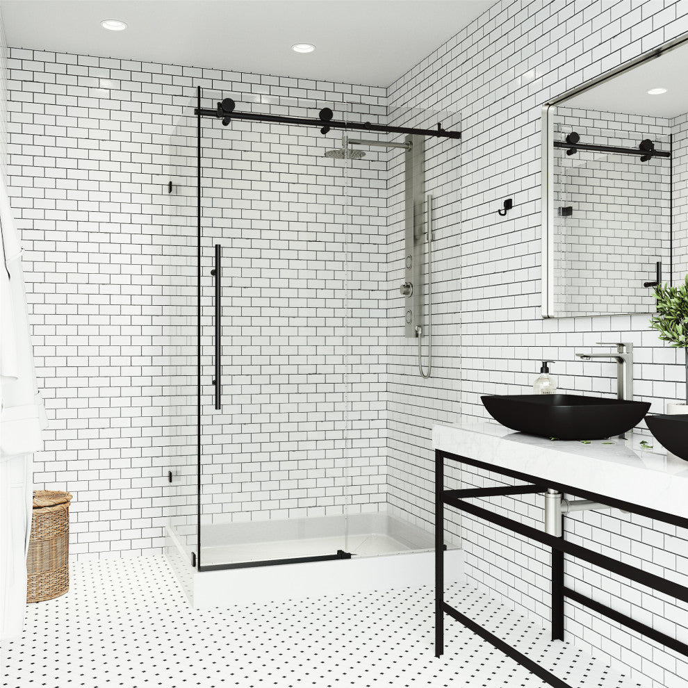 VIGO Elan E-Class Frameless Sliding Shower Enclosure, Matte Black, 36" D X 48" W X 82" H, Right Base