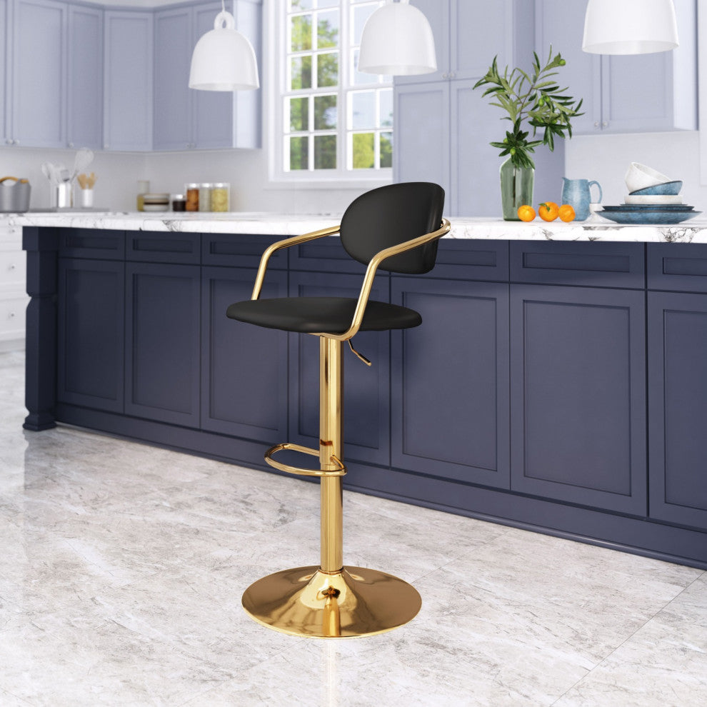 Bar Stool Chair Barstool, Faux Vinyl Leather, Steel, Black, Gold, Cafe Bistro