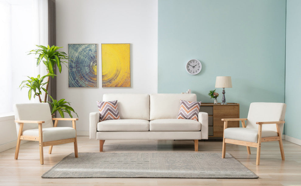 Bahamas Linen Sofa and 2 Chairs With 2 Throw Pillows, Beige