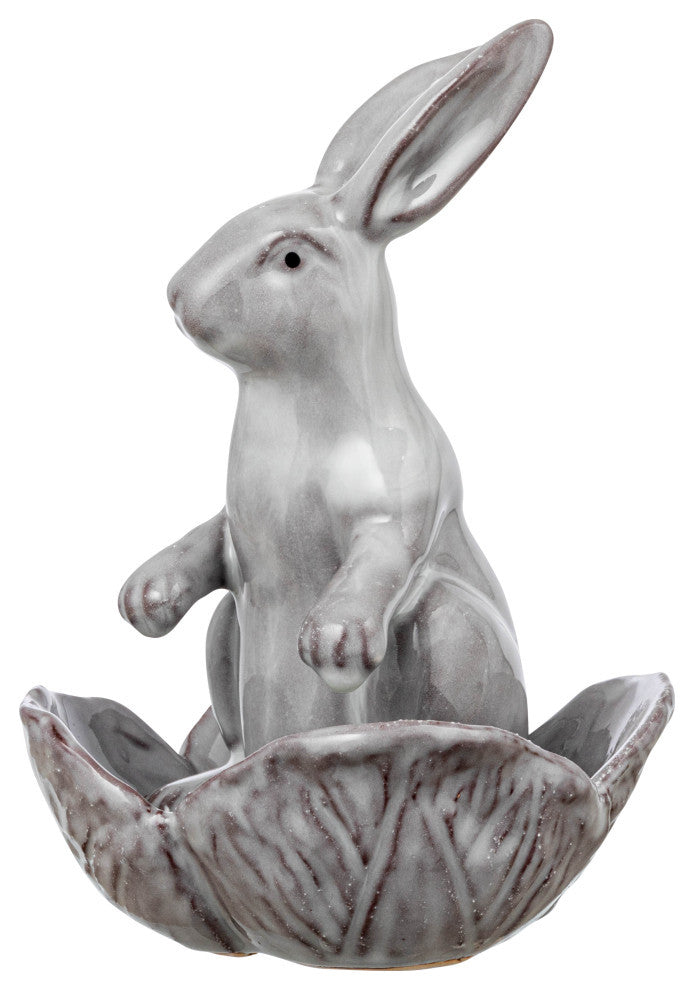 Stoneware Rabbit Figurine with Flower Shaped Bowl, White