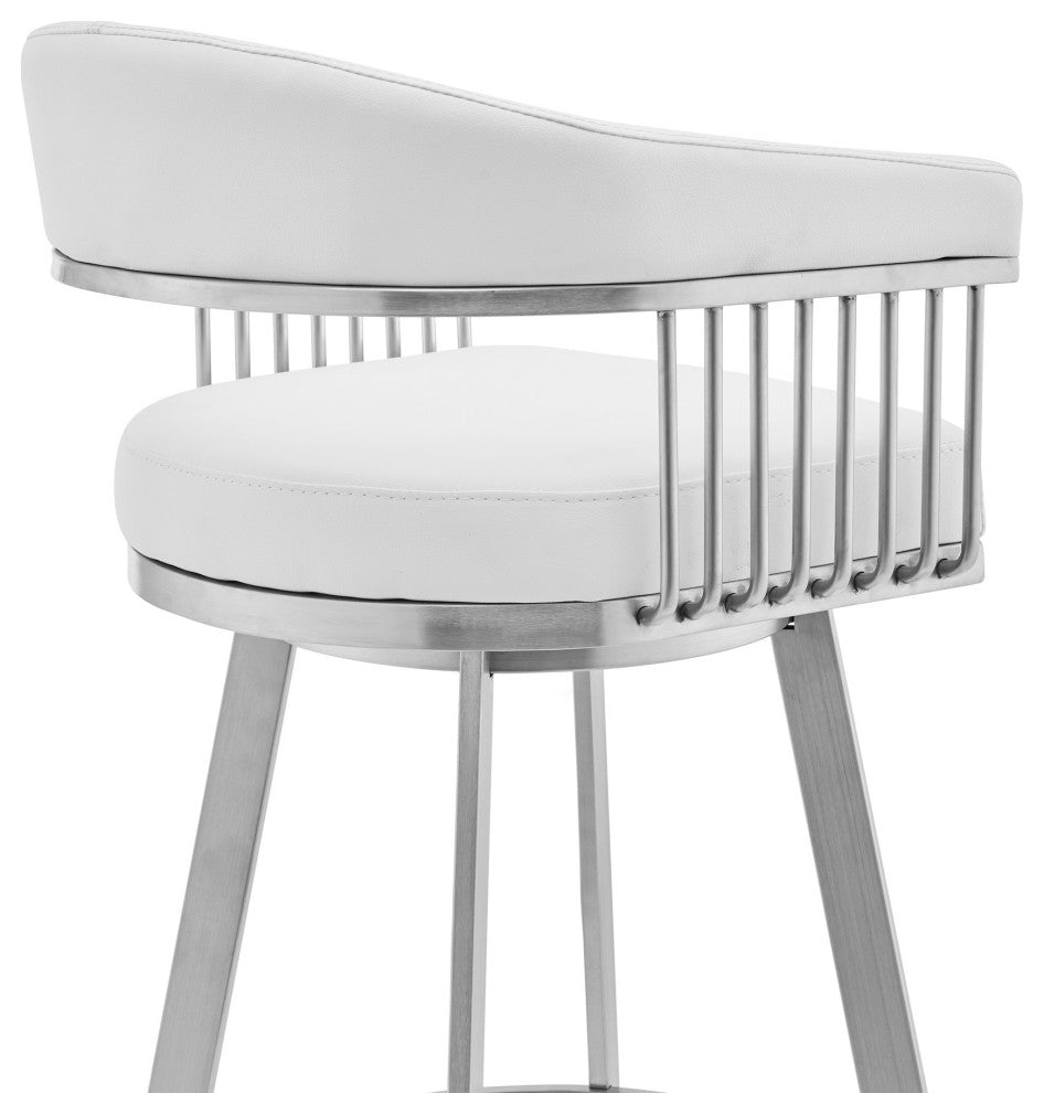 30" Mod White Faux Leather Brushed Silver Finish Swivel Bar Stool
