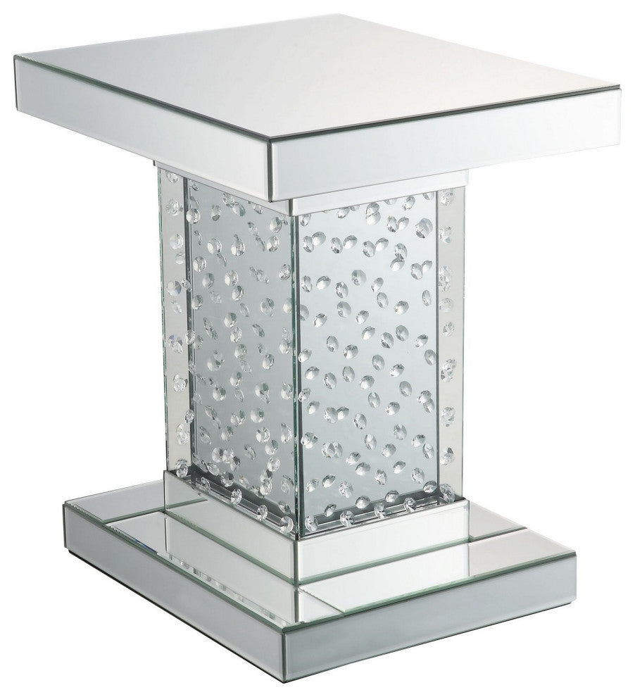 Benzara BM280269 Square Pedestal End Table, Mirrored, Faux Crystal Inlay, Silver
