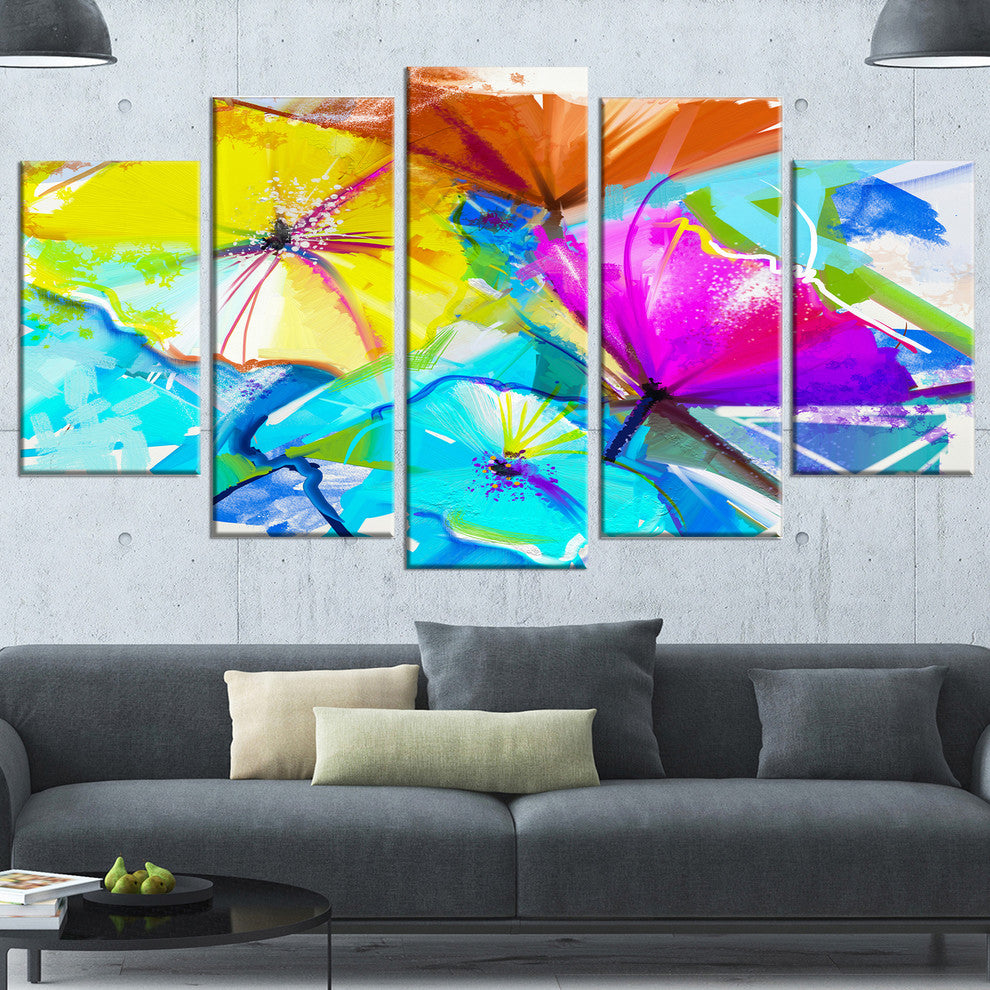 Abstract Spring Flowers Still Life, Blue, Floral Wall Art, 60"x32", 5 Panels