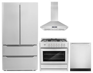 4-Piece, 36" Range, 36" Island Range Hood, 24" Dishwasher and Refrigerator