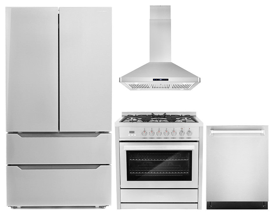 4-Piece, 36" Range, 36" Island Range Hood, 24" Dishwasher and Refrigerator