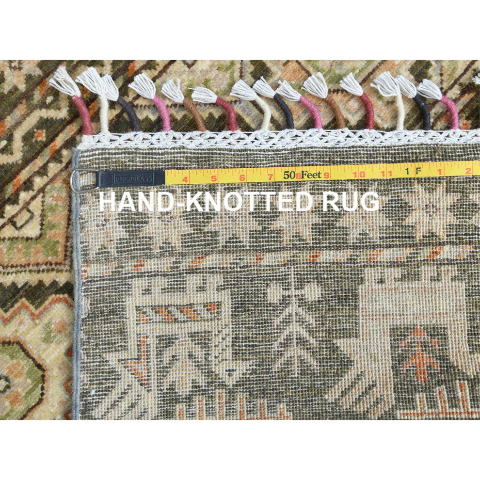 Green With Colorful Tassles Hand Knotted Super Kazak Khorjin Rug, 4'0"x5'9"