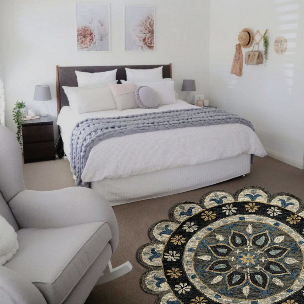 5" Round Gray Border Floral Medallion Area Rug