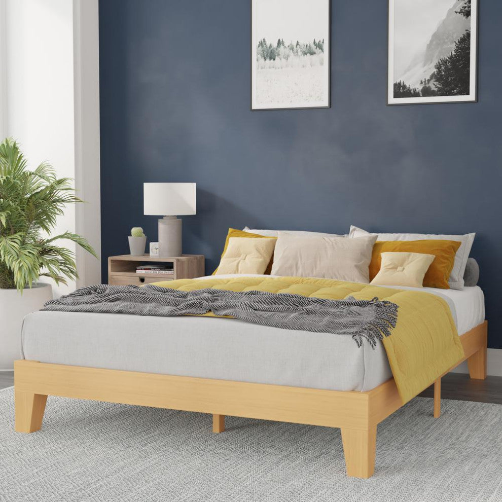 Evelyn Wood Platform Bed with Wooden Support Slats, No Box Spring Required, Natural, Queen