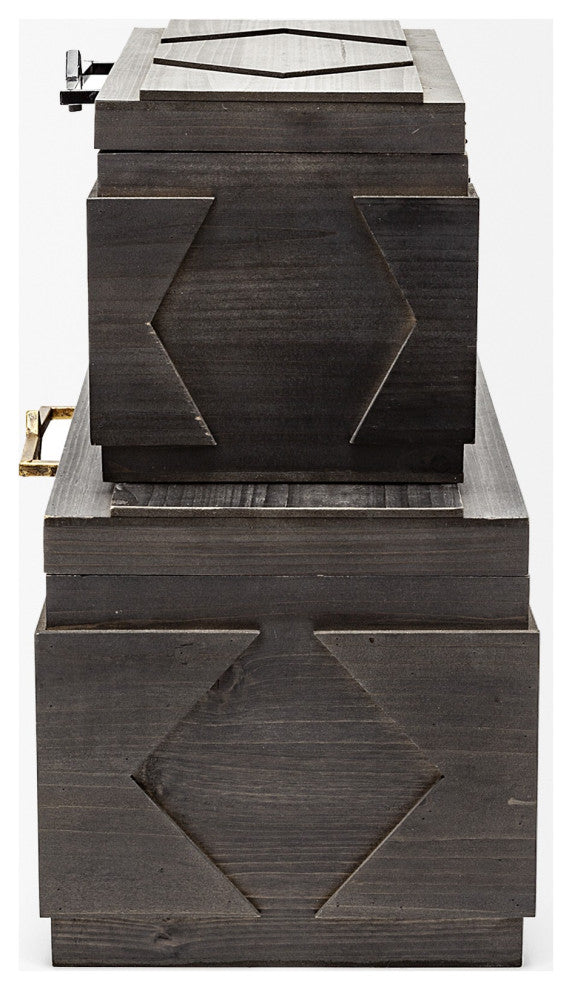 Set of Two Brown Detailed Wooden Boxes