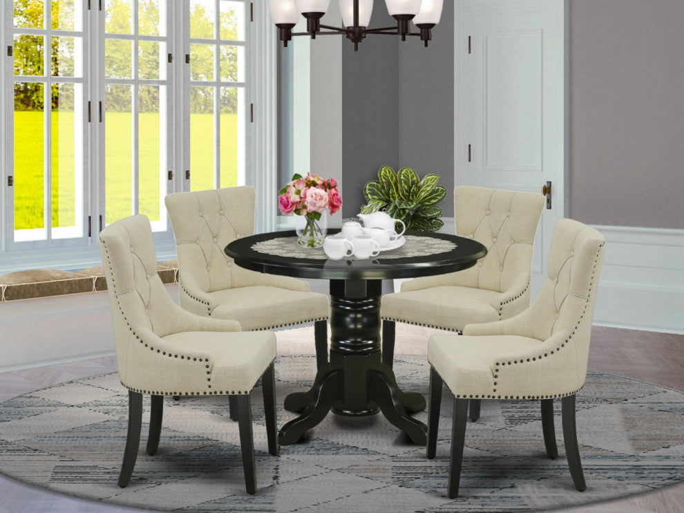 5Pc Dining Set, Round Table, Four Parson Chairs, Light Beige Fabric, Black