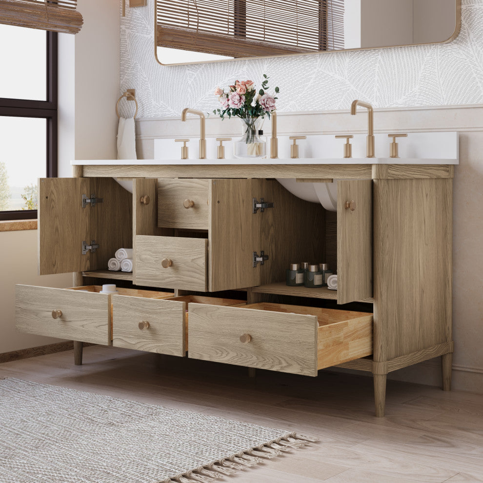 Solid Wood Bathroom Vanity with Carrara White Quartz Top in Oak, 60 Inch