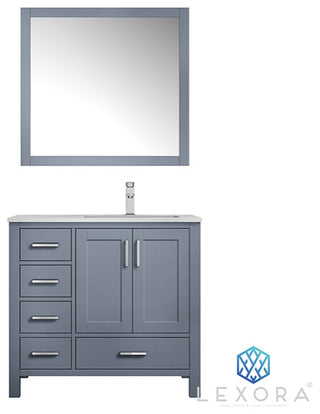 Jacques 36" Vanity, Wht Carrara Marble Top w/ 34" Mirror, Dark Grey, Right