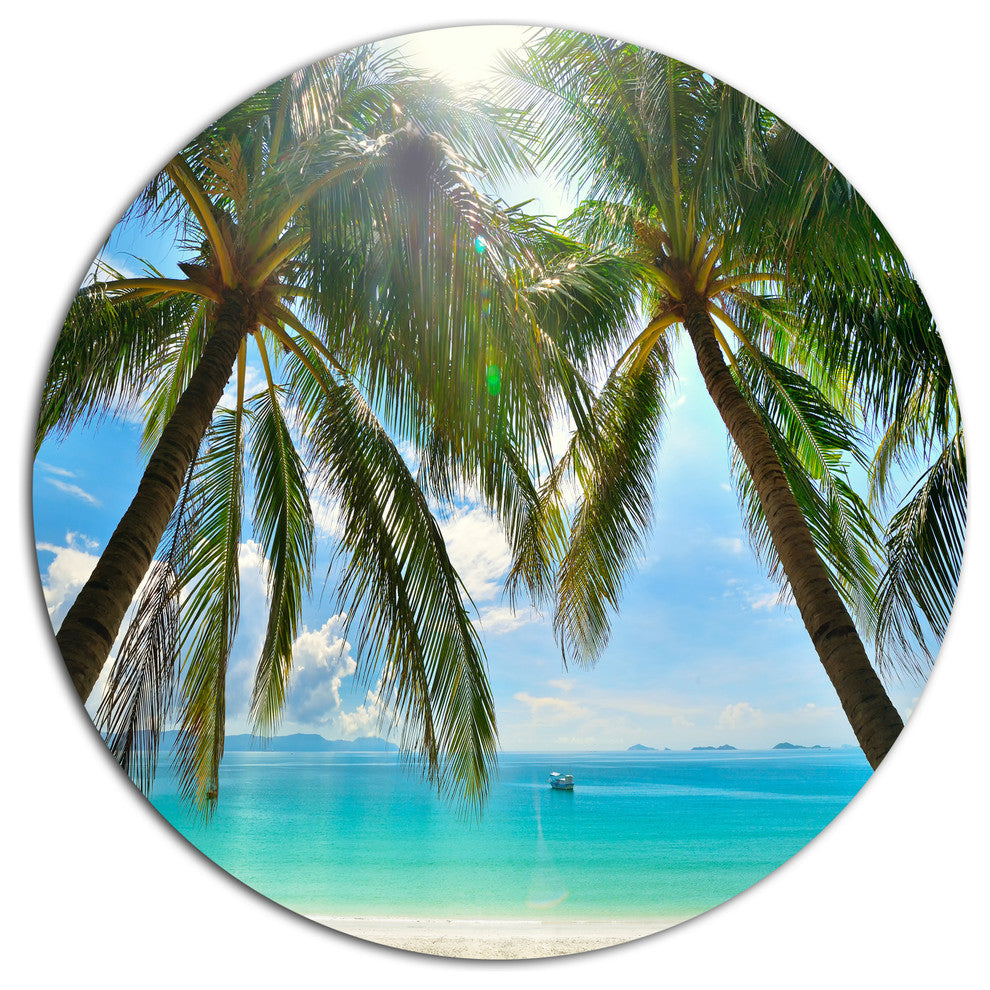 Palm Hanging Over Sandy White Beach, Seashore Disc Metal Wall Art, 11"