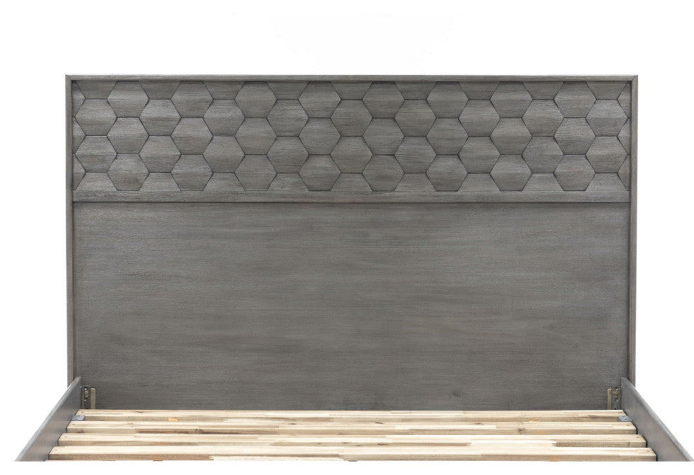 Benzara BM282094 Wood King Size Platform Bed, Honeycomb Headboard Design, Gray