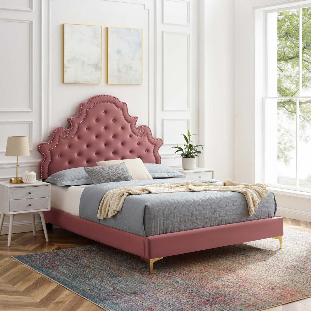Tufted Platform Bed Frame, Queen Size, Velvet, Pink, Modern Contemporary