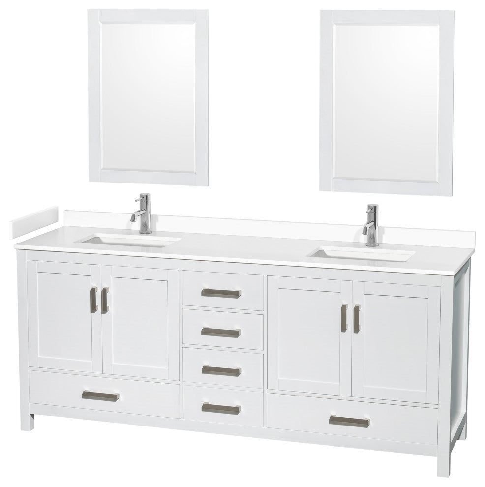 80"DBL Bathroom Vanity White, White Cult. Marble Countertop, Sinks, 24" Mirrors