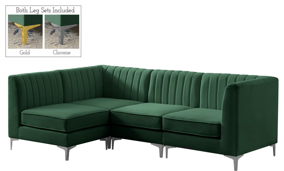 Alina Velvet Modular L-Shaped Modular Sectional, Green, 4-Piece: 2 Armless Chair, 2 Corner Chair
