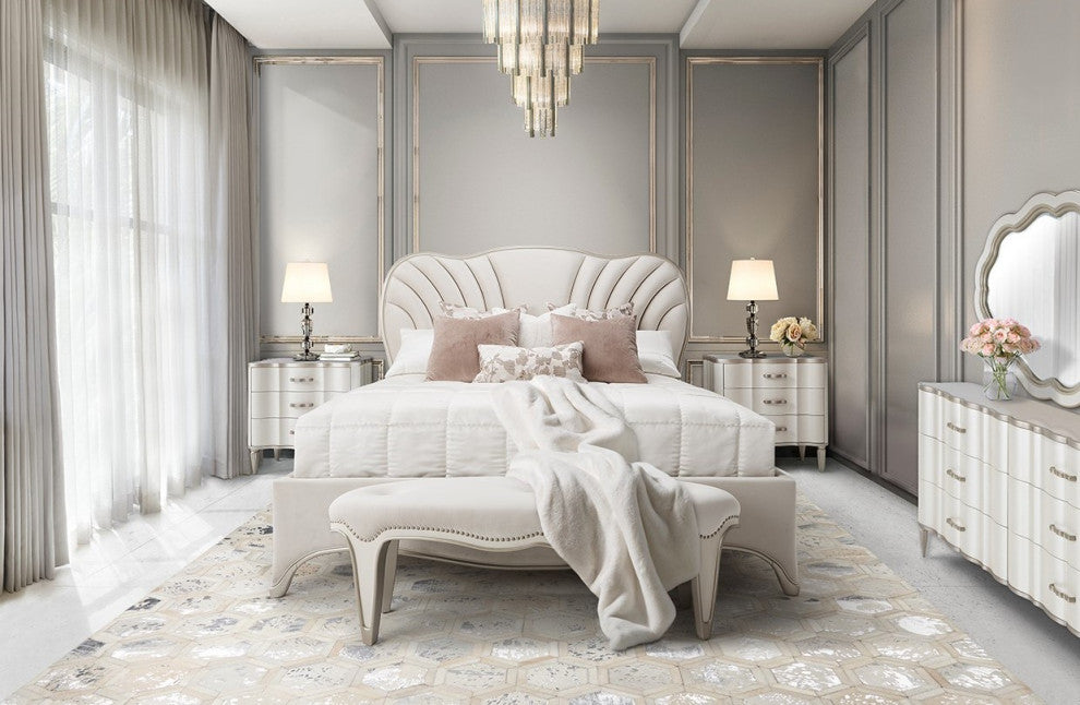 London Place Queen Velvet Panel Bed - Creamy Pearl