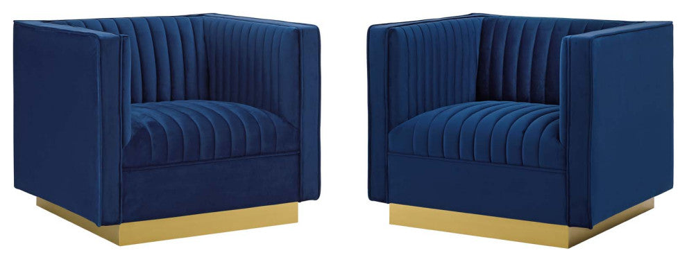 Tufted Armchair Accent Chair, Set of 2, Velvet, Blue Navy, Modern, Lounge