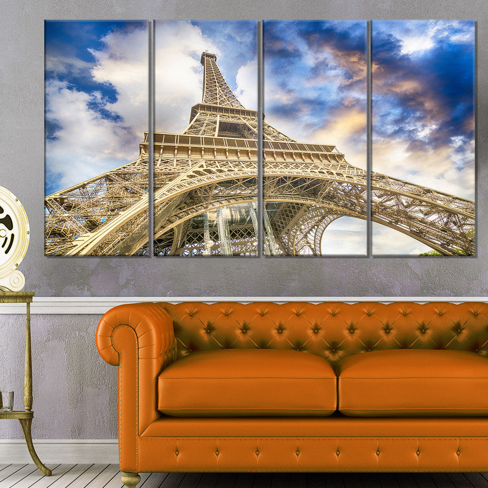 "Dramatic Sky Over Ground View Paris Eiffel Tower" Wall Art, 48"x28", 4-Panels