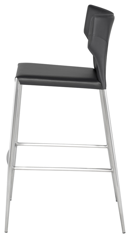 Wayne Bar Stool, Modern Gray Barstool Gray Leather, Brushed Stainless Steel Legs