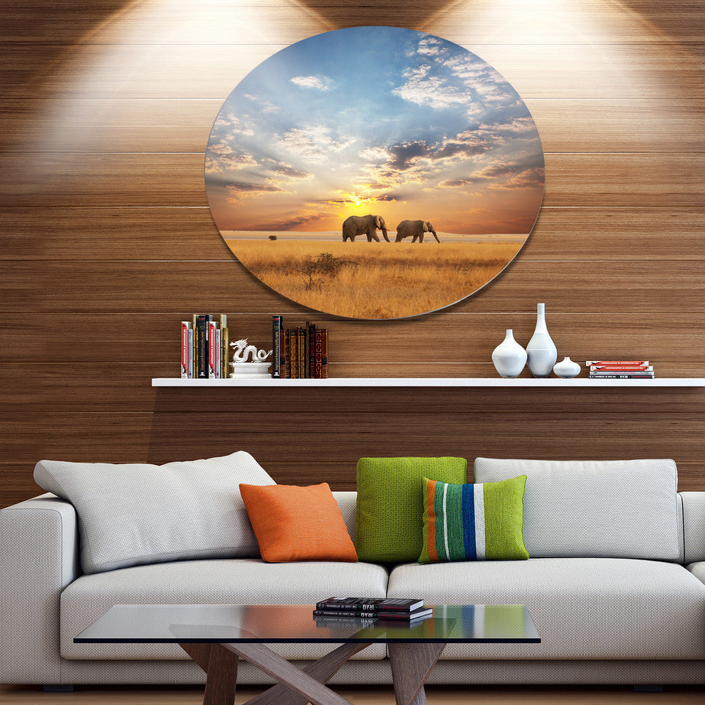 Elephants Walking Along River Bank, Animal Round Wall Art, 36"