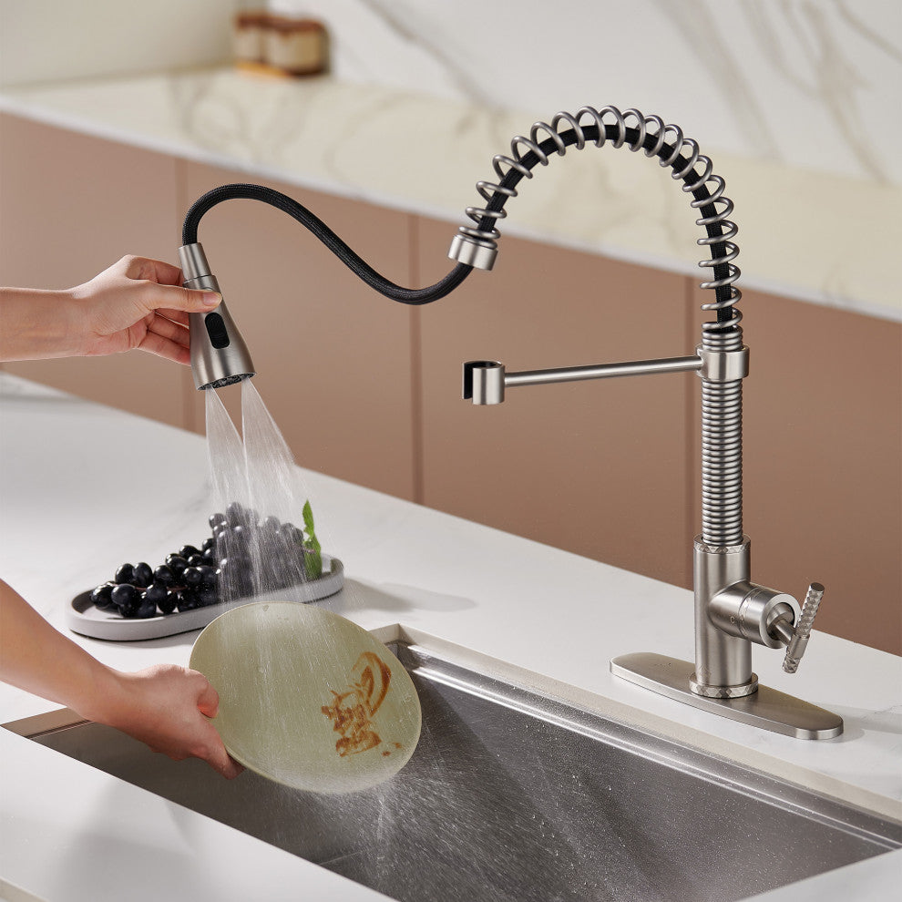 Single Handle Kitchen Sink Faucet Pull-Down Sprayer, 360 Swivel, 3 Functions, Brushed Nickel