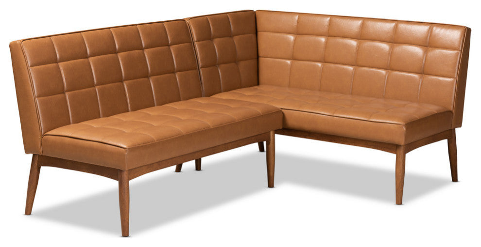 Devin Midcentury Modern 2-Piece Dining Banquette Seat, Tan Faux Leather