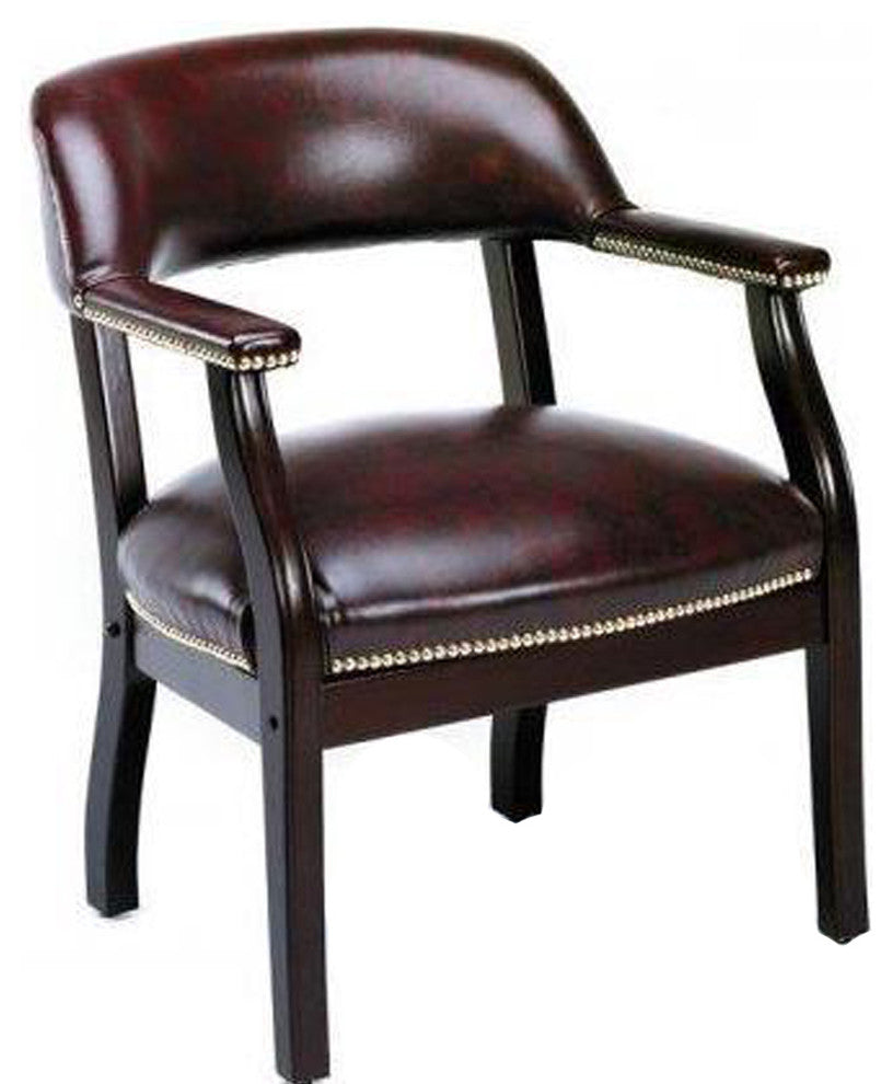 Burgundy Vinyl Leather Conference Chair, Traditional Captain's, Wooden Frame