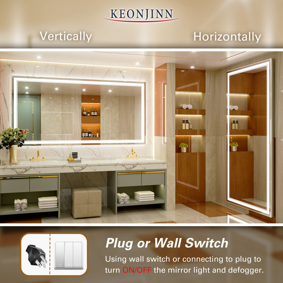 3-Colors LED Bathroom Mirror, Anti-Fog Memory Dimmable, Sliver, 72"x36"