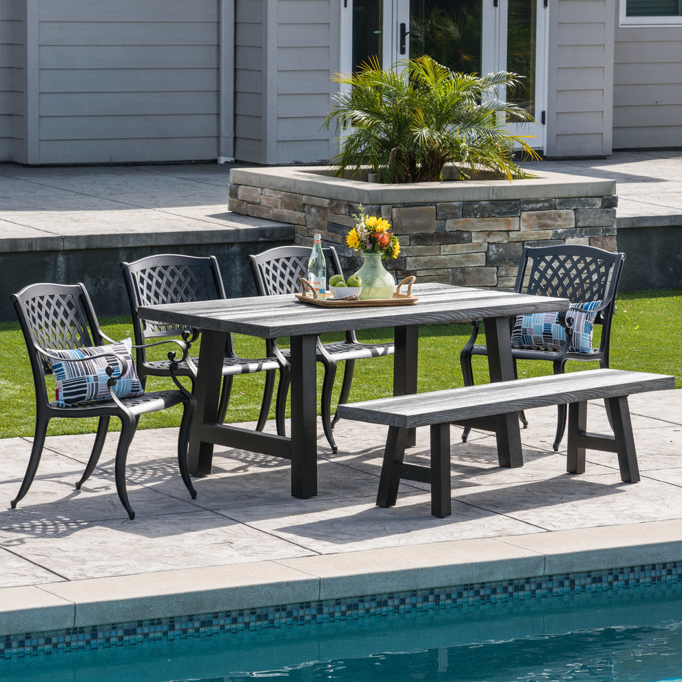 GDF Studio 6-Piece Chris Outdoor Aluminum Dining Set With Gray Table and Bench