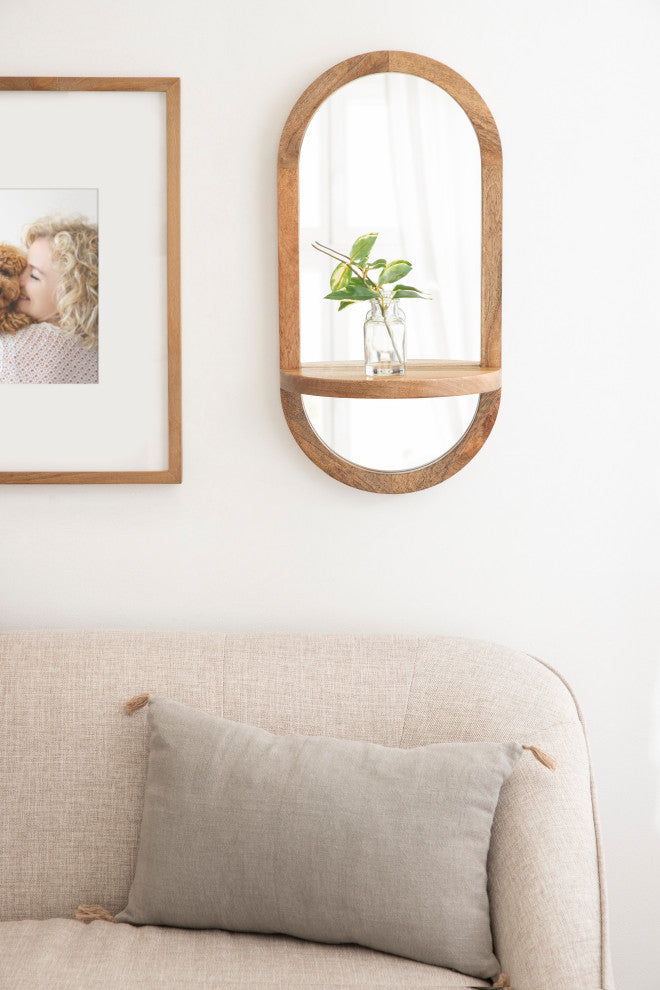 Hutton Wood Framed Capsule Mirror With Shelf, Natural, 12x24