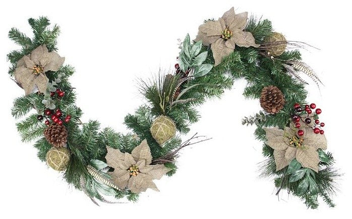 6' x 10" Autumn Harvest Burlap Poinsettia Moss Ball Fall Garland