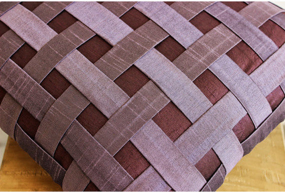 Purple Textured Basket Weave 24"x24" Silk Shams, Purple N Plum Basket Weave