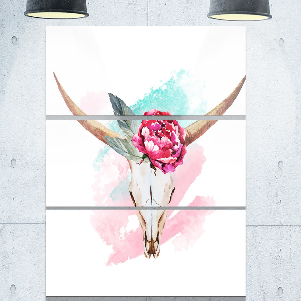 "Bull Skull and Flower" Digital Glossy Metal Wall Art, 3 Panels, 28"x36"