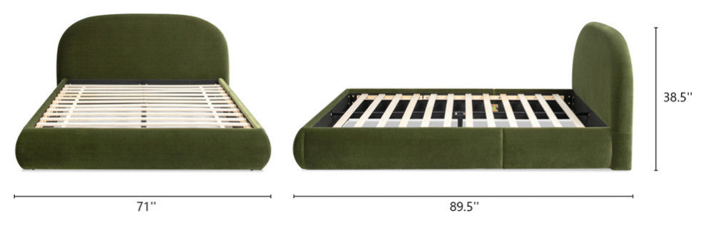 Archie Mid-Century Modern Arched Headboard Platform Bed, Olive Green Performance Velvet, Queen