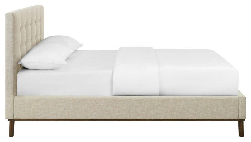 Beige McKenzie Queen Biscuit Tufted Upholstered Fabric Platform Bed