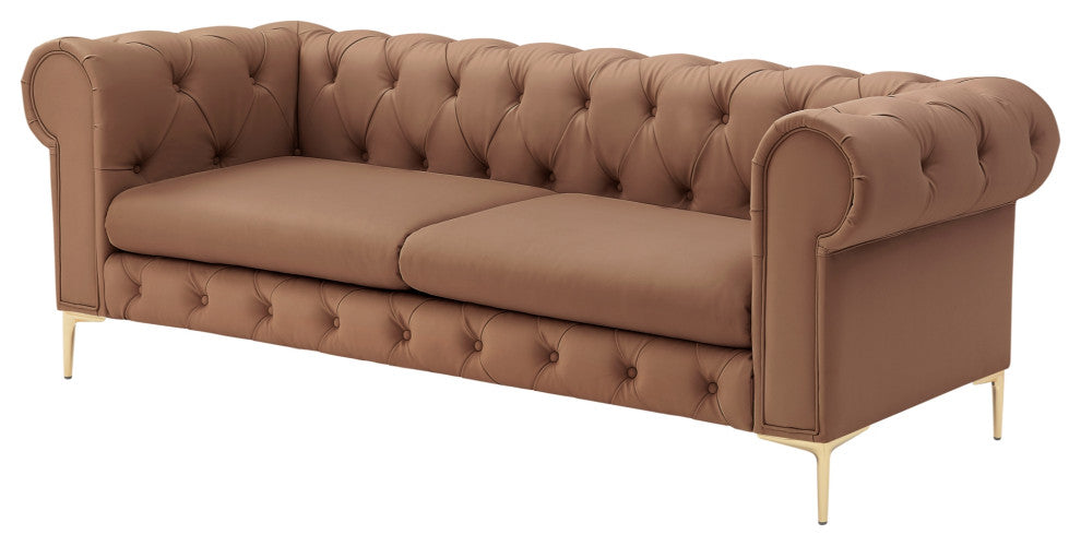 Nicole Miller Geraldine Sofa Button Tufted, 3 Seat, Camel Leather PU