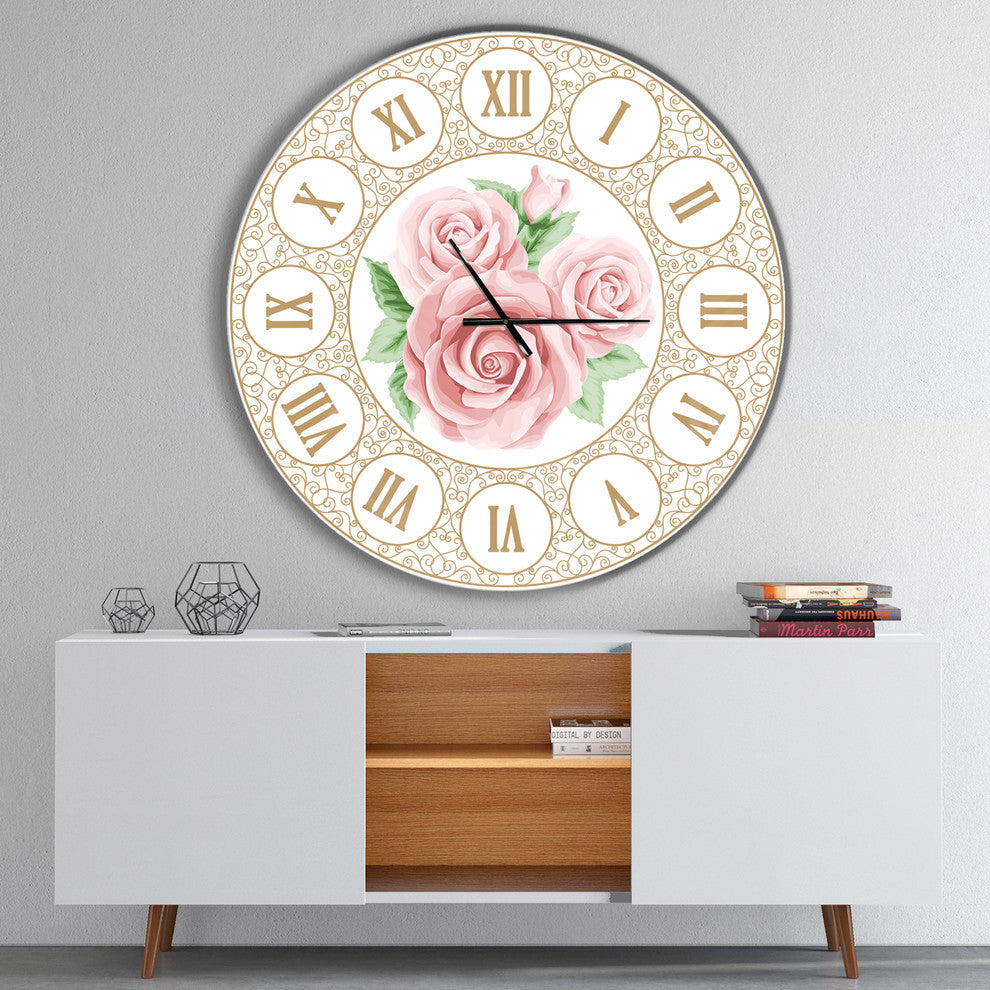 Hand Drawn Pink Roses Shabby Chic Vintage Contemporary Clock, 36x36