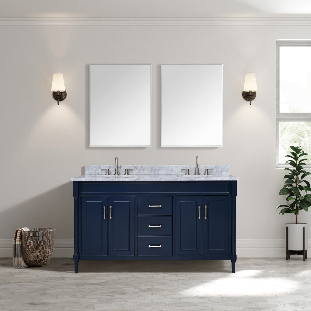 Avanity Bristol 60" Vanity Combo in Navy Blue and Carrara White Marble Top