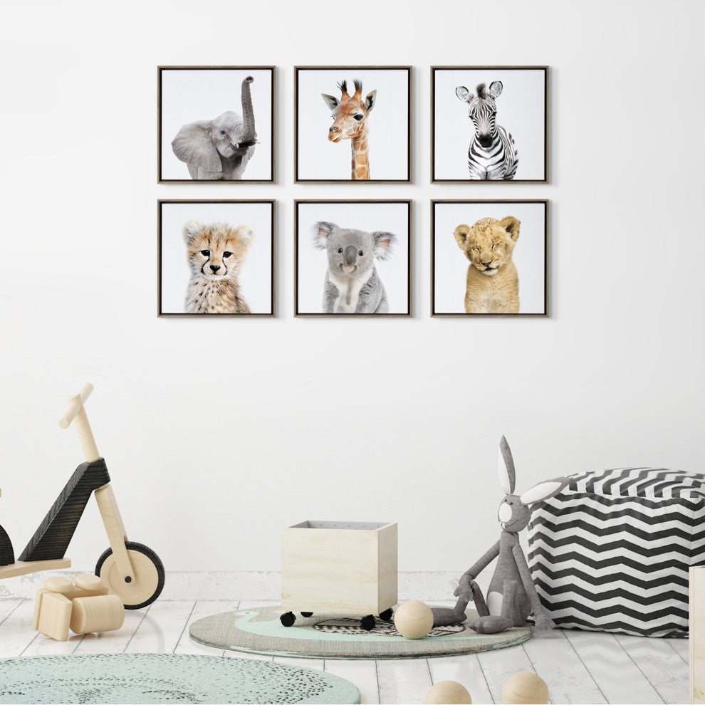 Sylvie Safari Animal Framed Canvas Art by Amy Peterson, Thin Gray 6 Piece 13x13