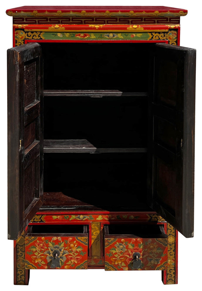 Tibetan Orange Yellow Jewel Floral Tall End Table Nightstand Cabinet Hcs7625