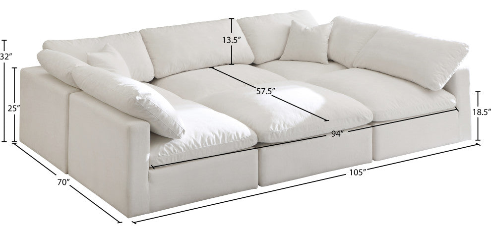 Plush Velvet / Down Standard Comfort 6-Piece U-Shaped Modular Sectional, Cream