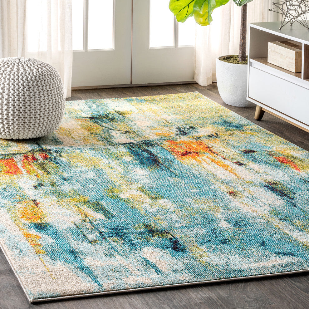 Contemporary POP Modern Abstract Area Rug, Blue/Cream, 8x10