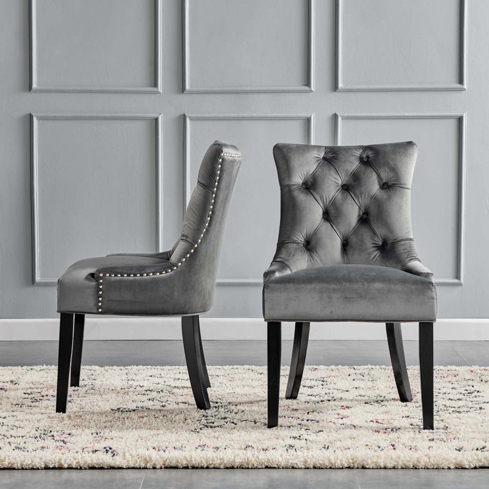 Tufted Side Dining Chair, Set of 2, Velvet, Wood, Dark Gray, Modern, Bistro