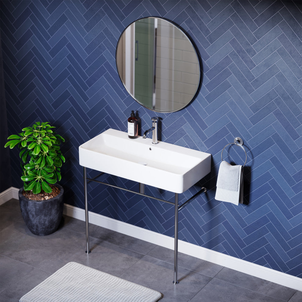 Carre 36" Ceramic Console Sink White Basin Chrome Legs